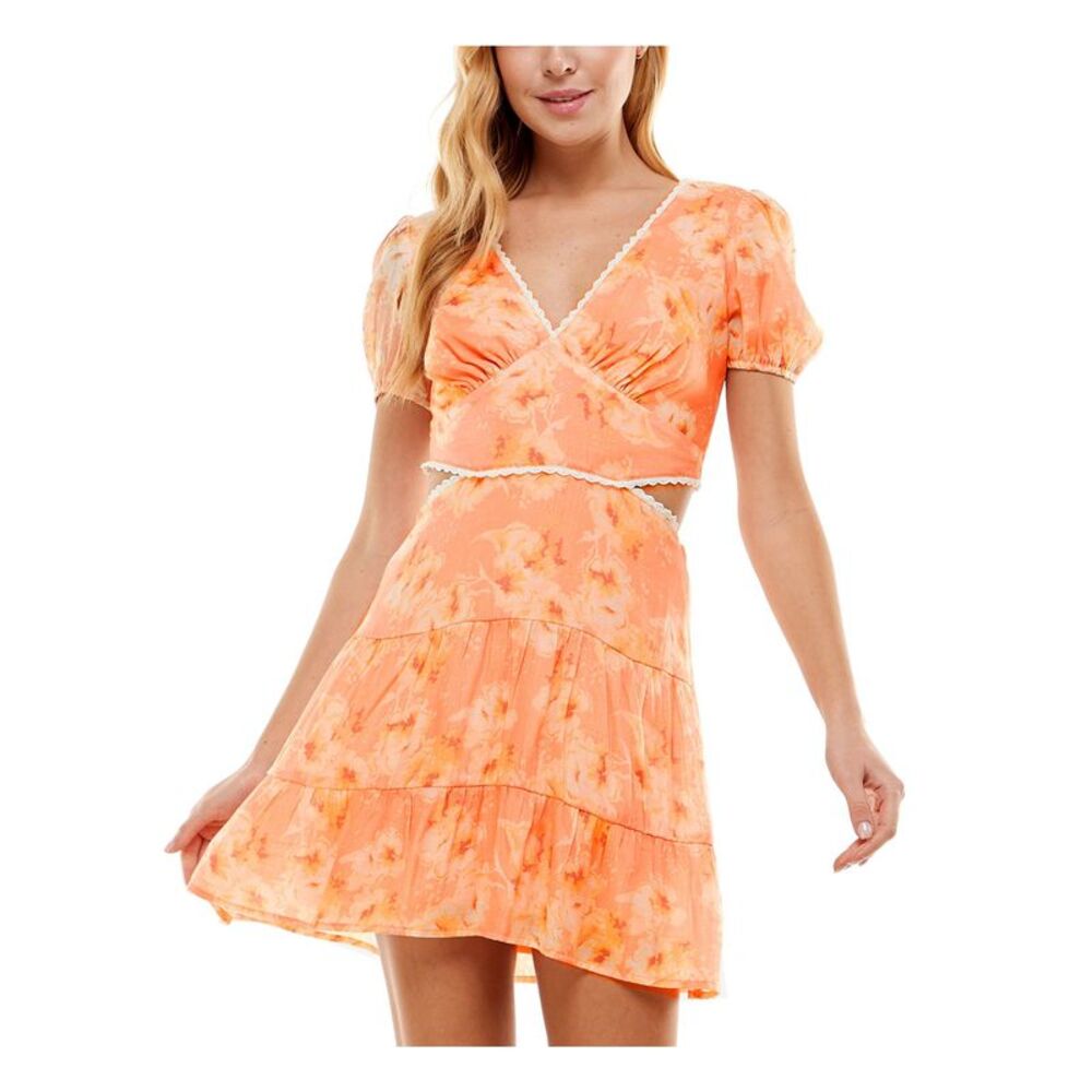 CITY STUDIO Womens Mini Dress Orange Short Sleeve Tie Back Trim Skirt Juniors XL